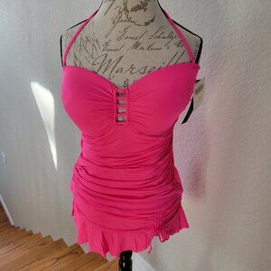 NEW Pink Ruched Tankini Top With Skirted Hipster Bottom